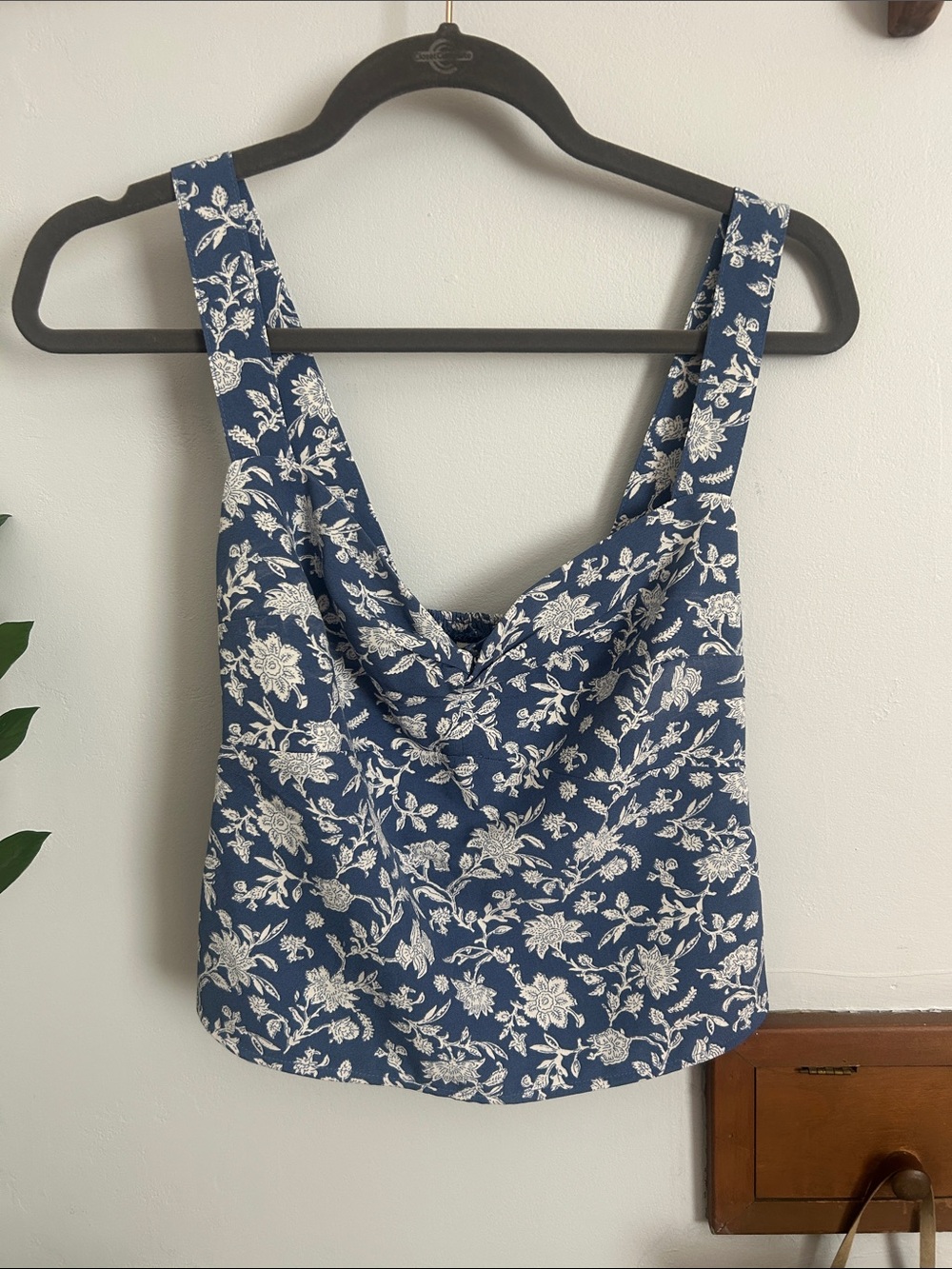 Blue Floral Cinched Neck Tank Top